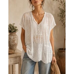 JOHNNY WAS Boho Breezy Embroidered Eyelet Lace Short Sleeve Tunic Top